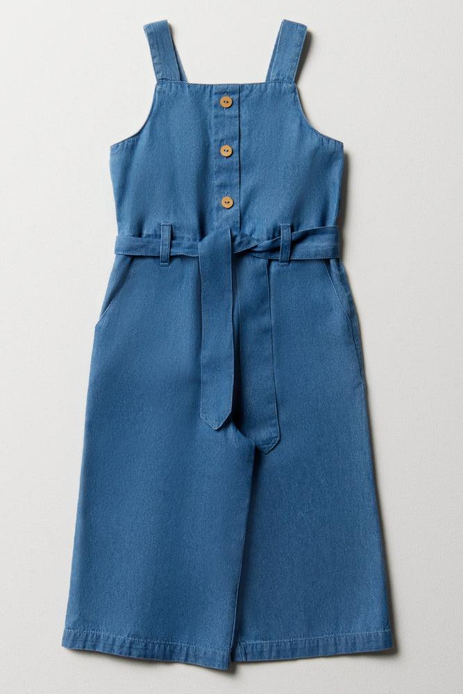 women's jumpsuits with neon colorsBelted Strappy Denim Jumpsuit Blue