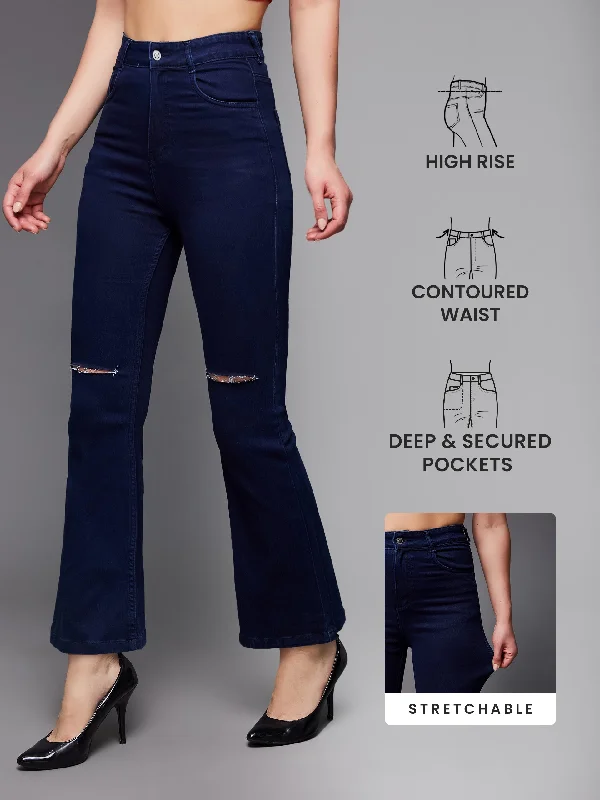 women's faded denim jeans24/7 Comfort Navy Blue Bell Bottom Bootcut High Rise Stretchable Denim Jeans