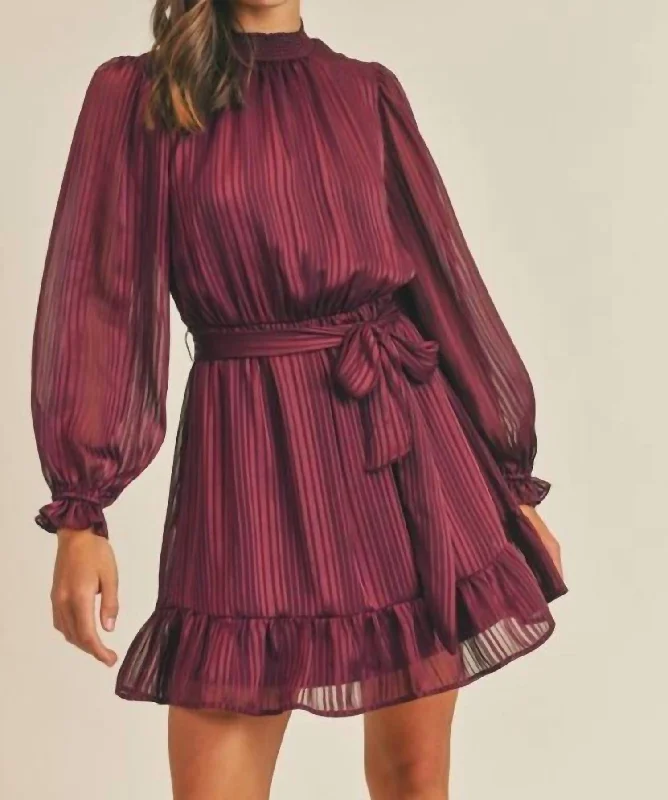 women's midi dressesSatin Shadow Striped Mini Dress in Burgundy