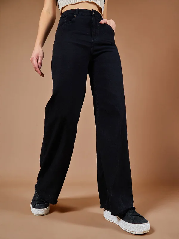 women's denim jeans with elastic waistbands24/7 Comfort Women's Black High Rise Stretchable Wide Leg Denim Jeans