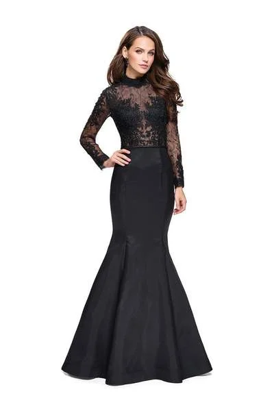 women's solid color dressesLa Femme - Long Sleeve Lace And Mikado Evening Gown 25677