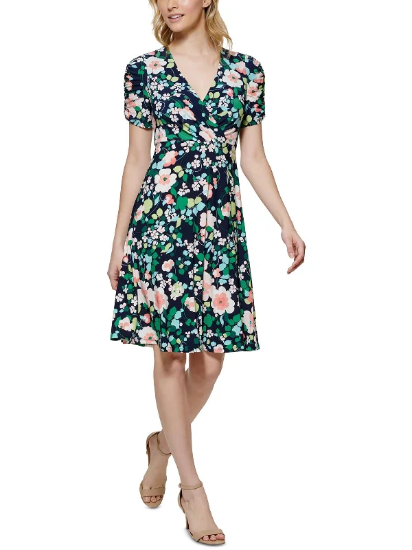 women's high-end dressesPetites Womens Floral Print Mini Fit & Flare Dress