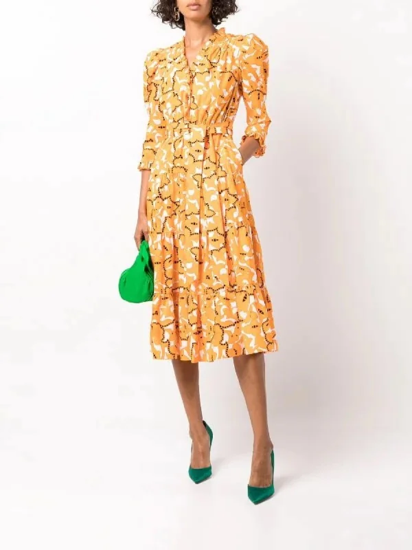 women's curve-hugging dressesLeylani Ruffled Midi Dress In Paisley Buds Marigold