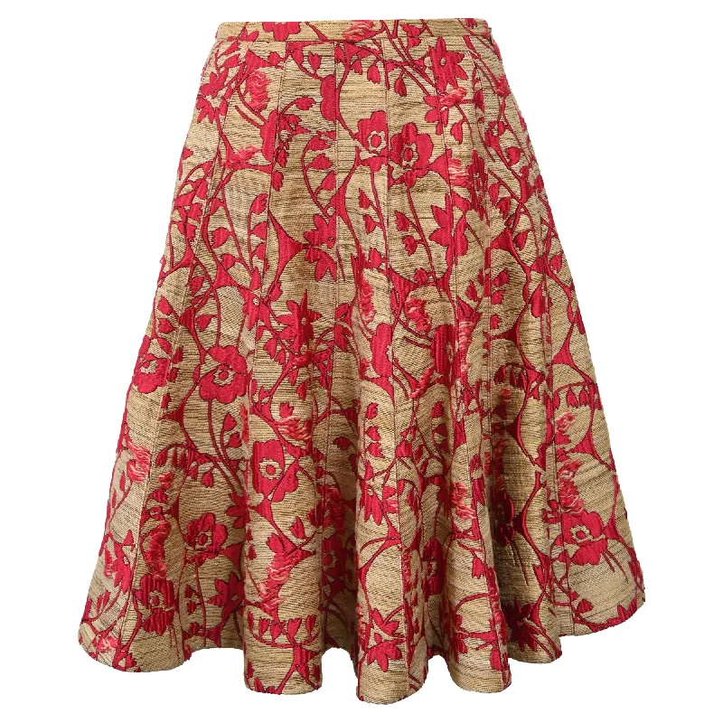 women's dressy skirtsValentino Flared Distressed Brocade Knee Length Skirt in Red Silk