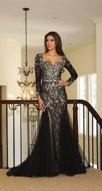 women's boho dressesMay Queen - Long Sleeve Rhinestone Embellished Evening Gown RQ-7210 - 1 pc Black in Size 16 Available