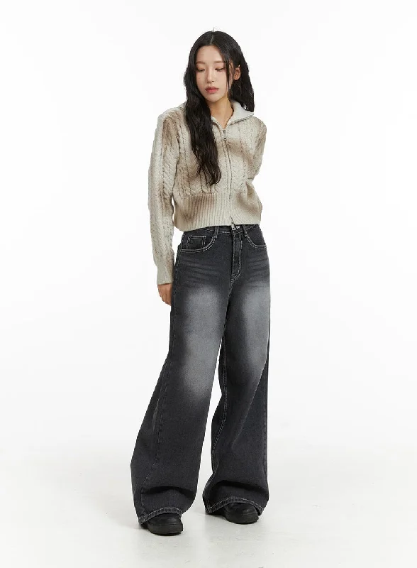 women's denim jeans with embroidery on pocketsMid Waist Washed Button Wide Leg Jeans CJ409