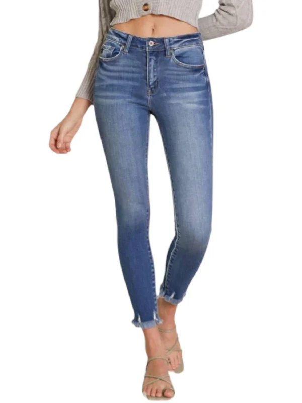 women's faded denim jeansHigh Rise Frayed Hem Ankle Skinny Jeans In Blue