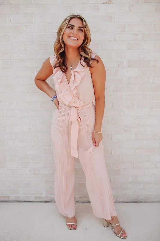 women's jumpsuits for casual gatheringsAndrea V Neck Ruffled Jumpsuit - Pink