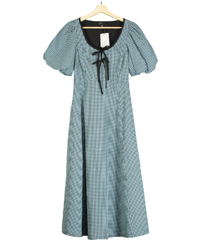 women's apple-shaped body dressesNobody's Child Blue Gingham Print Puff Sleeve Midi Dress UK 4