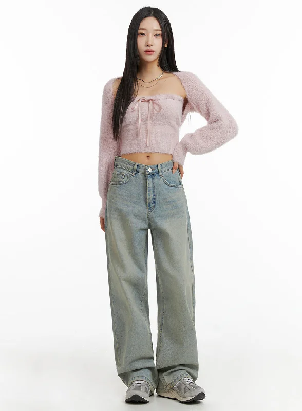 women's denim jeans with zipper-fly closureWashed Wide Leg Jeans CJ408