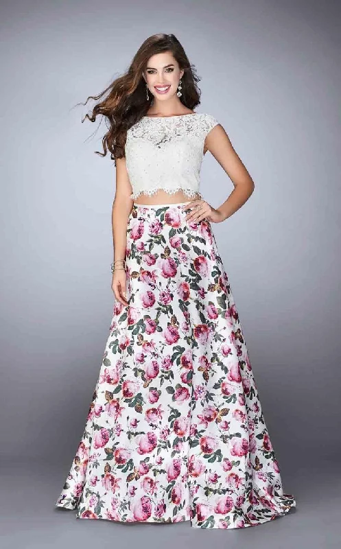 women's empire waist dressesLa Femme - 24428 Fringy Lace Bateau Illusion Floral Long Evening Gown