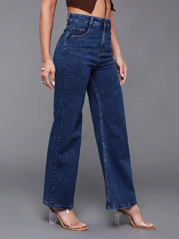 women's elastic waist denim jeans24/7 Comfort Women's Mid Blue Wide Leg High Rise Stretchable Denim Jeans