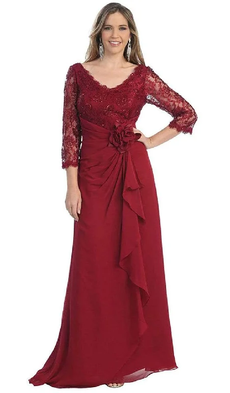 women's chiffon dressesMay Queen - Quarter Sleeve Floral Accented A-Line Evening Dress MQ813 1 pc Navy in size L Available