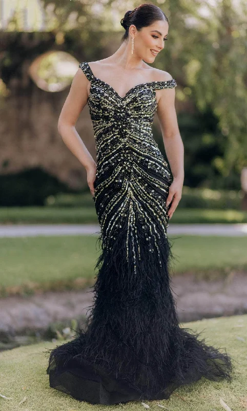 women's empire waist dressesTerani Couture 232GL1460 - Beaded Feather Mermaid Evening Gown