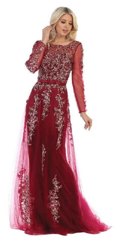 women's cinched-waist dressesMay Queen - Beaded Appliques Long Sleeves Evening Gown RQ7678