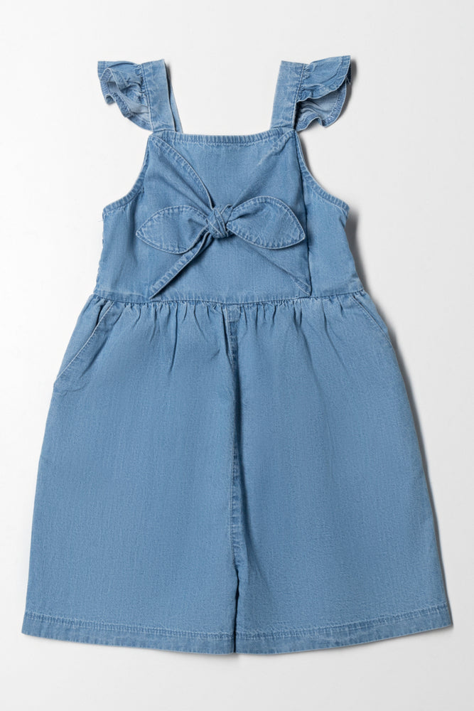 women's jumpsuits with Peter Pan collarsBow Denim Short Jumpsuit Blue