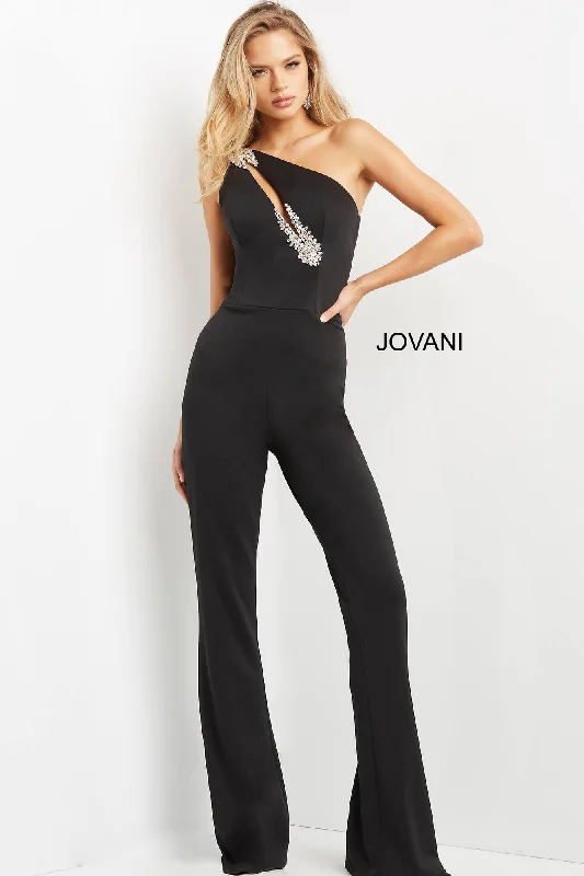 women's jumpsuits for plus-size figuresBeaded Jersey One Shoulder Jumpsuit by Jovani 09019