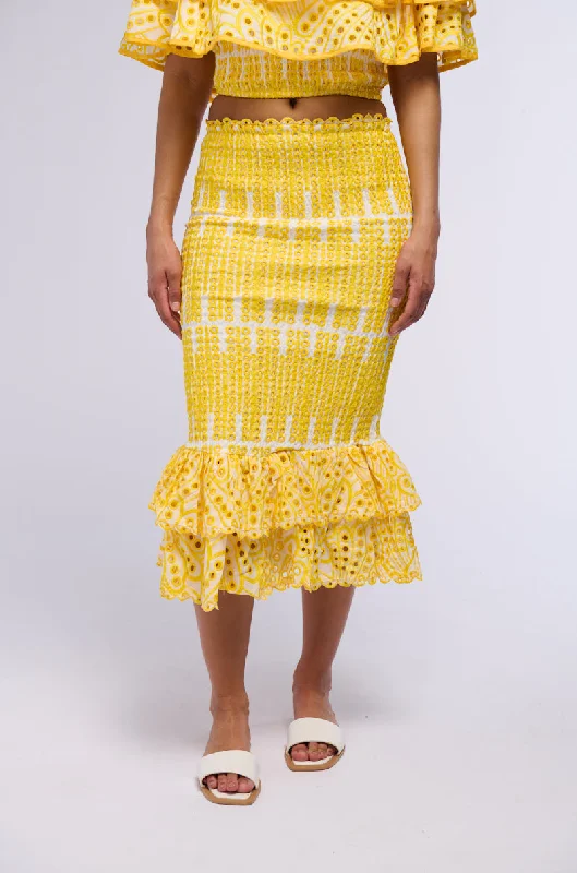 women's striped skirtsSUMMER LOVING RUFFLE TEXTURED MIDI SKIRT IN YELLOW