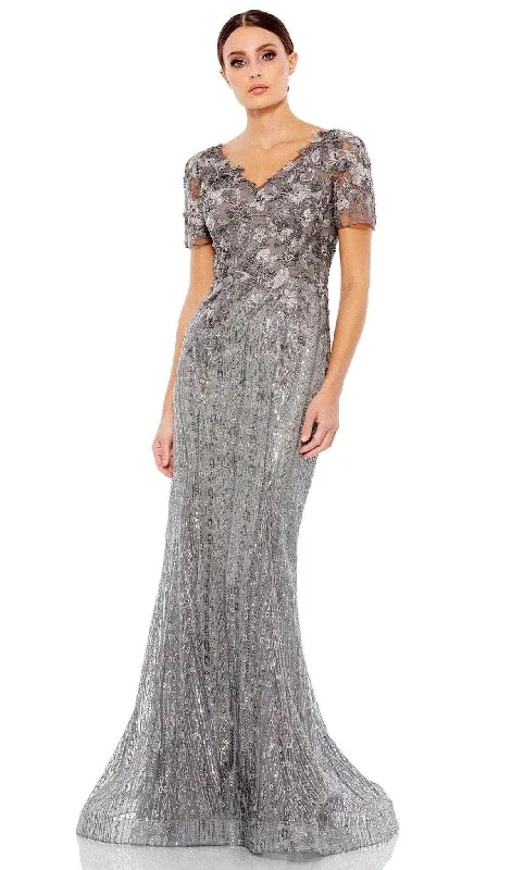 women's stretch dressesMac Duggal 20282 - V-Neck Embroidered Evening Gown