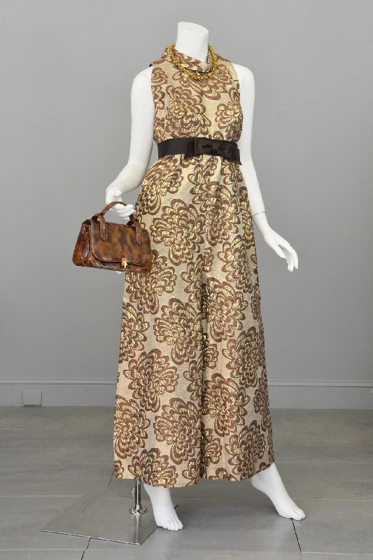 women's jumpsuits with cinched waistsVintage 1960s 70s Gold Metallic Mocha Palazzo Jumpsuit