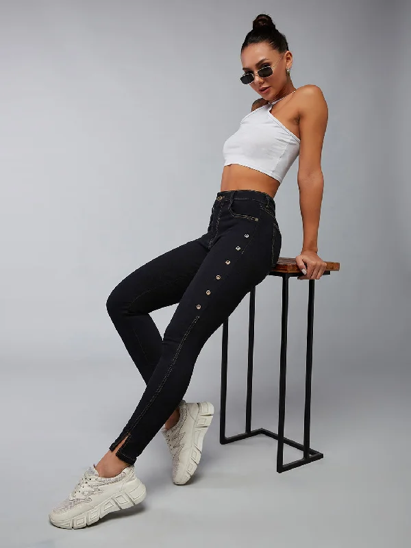 women's denim jeans for a stylish outfitWomen's Black Skinny High Rise Side Slit Solid Eyelet Embellished Cropped Length Stretchable Denim Jeans