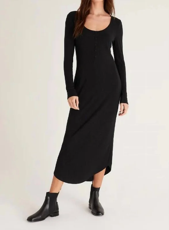 women's boho dressesHeidi Rib Henley Midi Dress In Black