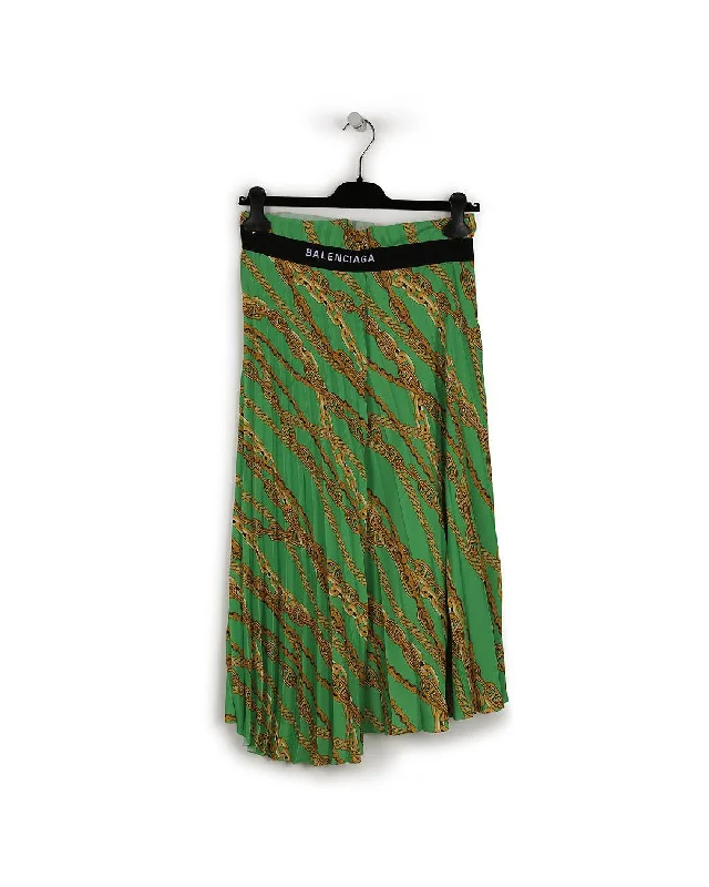 women's casual skirtsBalenciaga Green/Gold Ployester Chains Printed Pleated Midi Skirt