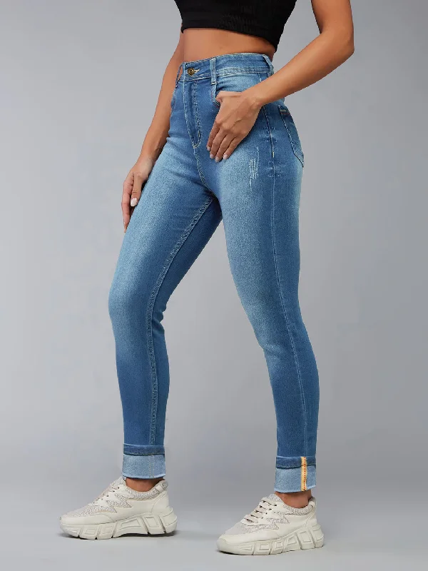 women's denim jeans for business casualWomen's Blue Skinny Fit High Rise Twill Tape Detailing Scraped Stretchable Denim Jeans