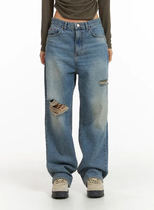 women's denim jeans for formal eventsRipped Washed Wide-Leg Jeans CJ426