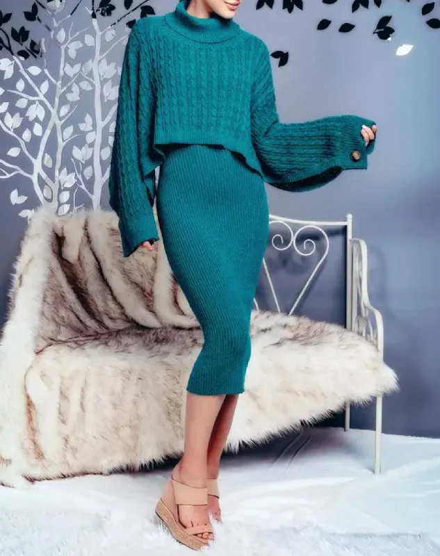 women's ruffle dressesRibbed Midi Dress And Turtleneck Sweater Set In Teal