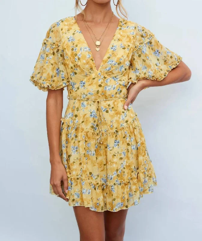 women's flowy dressesShort Sleeve Mini Dress In Yellow Floral