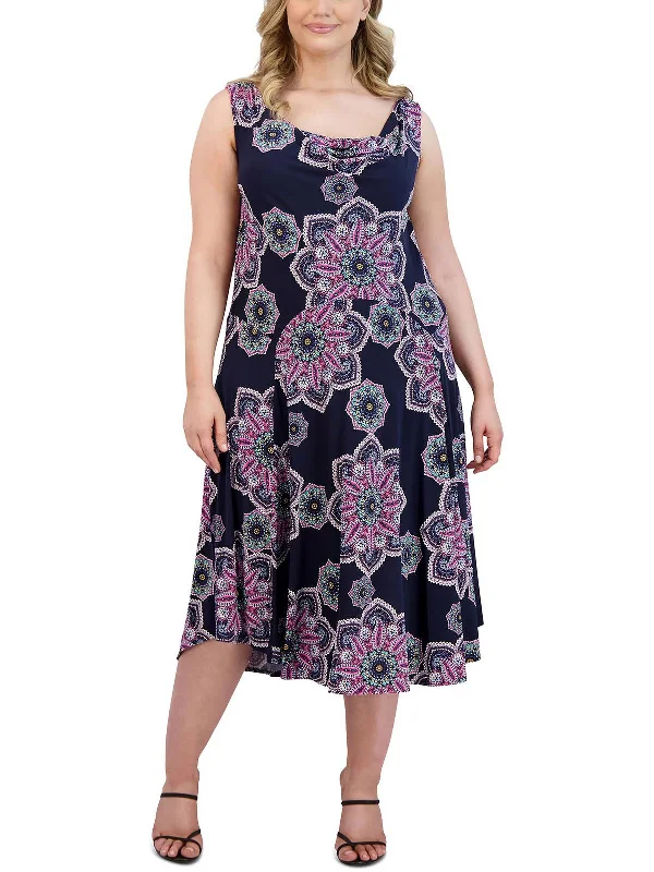 women's glam dressesPlus Womens Printed Cowlneck Midi Dress