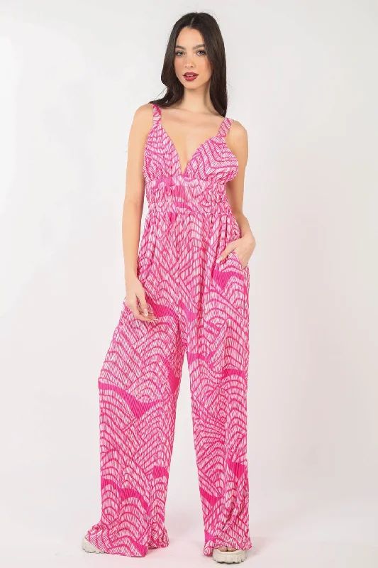 women's jumpsuits with flutter sleevesVERY J Printed Pleated Sleeveless Wide Leg Jumpsuit