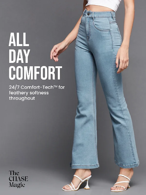 women's elastic waist denim jeans24/7 Comfort Light Blue Bell Bottom Bootcut High Rise Stretchable Denim Jeans