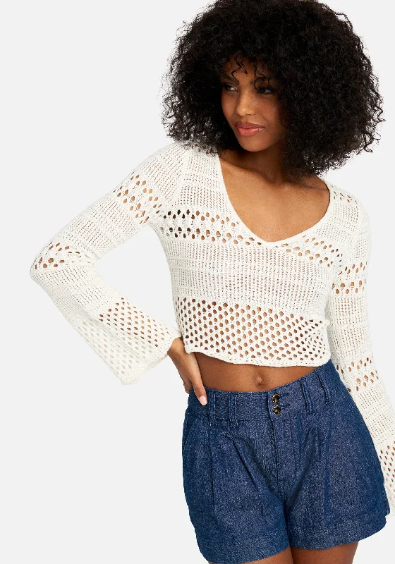 women's petite dressesBell Sleeve Scallop Hem Crochet Top