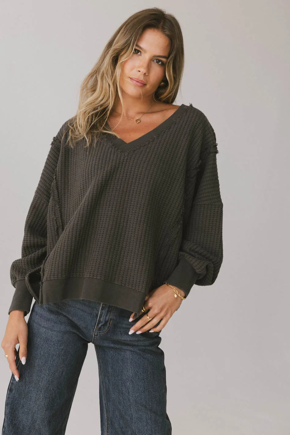 women's midi dressesEllis Waffle Knit Top in Charcoal