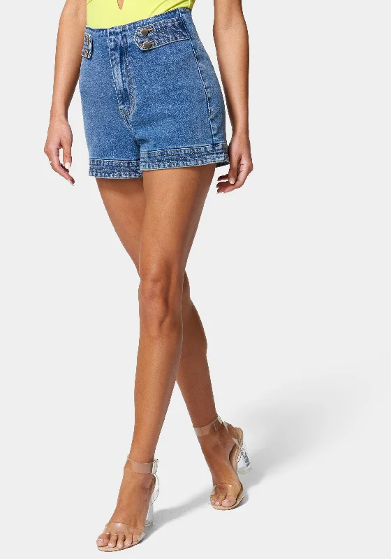 women's high-end dressesHigh Waist Trapunto Stitch Tab Denim Short