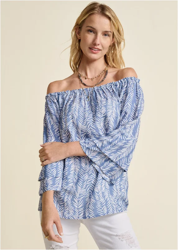 women's minimalist dressesOff-The-Shoulder Printed Top - Blue & White