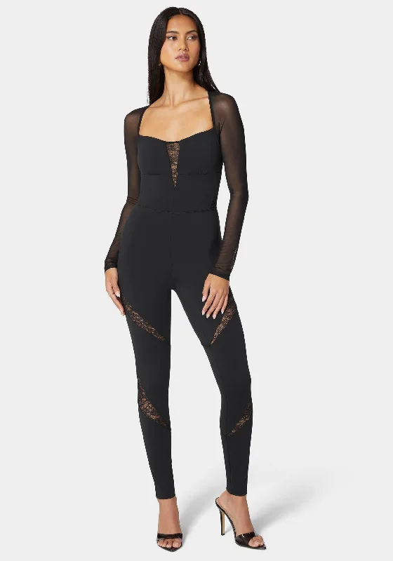 women's flowy dressesMesh Sleeve Lace Insert Catsuit