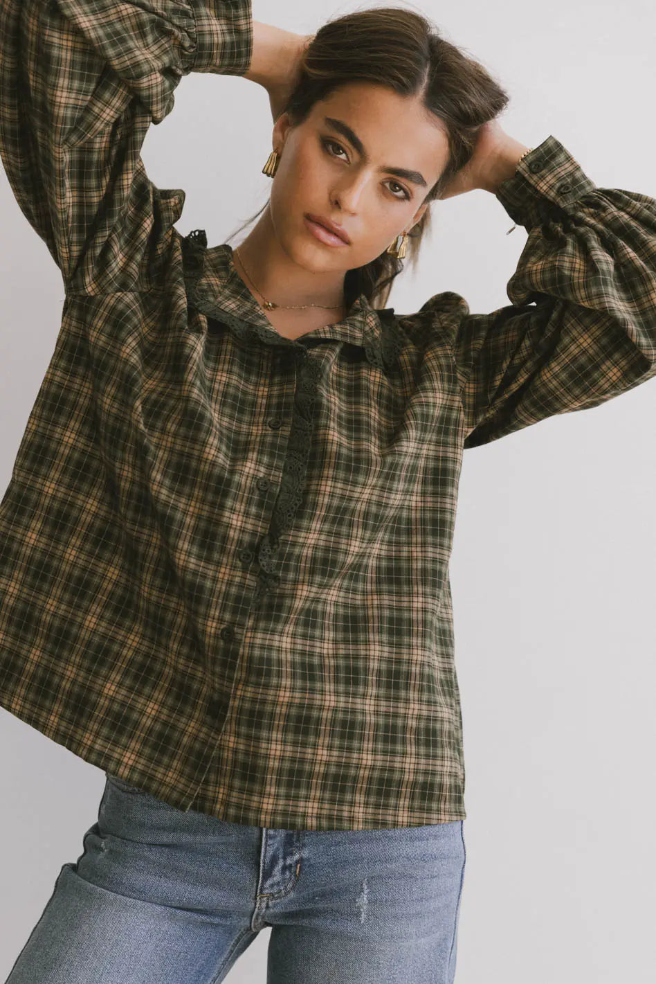 women's long-sleeved dressesRue Plaid Button Up in Hunter Green