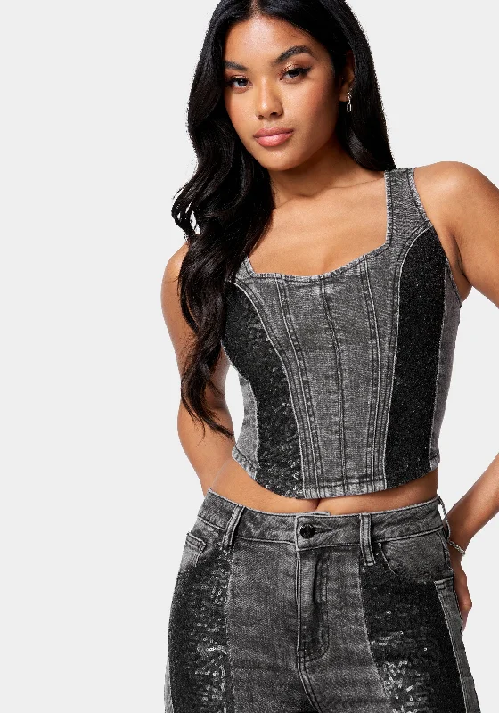 women's cold-shoulder dressesSequin Trim Denim Bustier Top