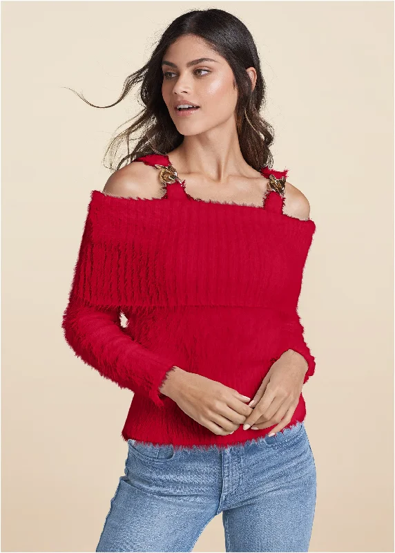 women's mini dressesChain Detail Cold-Shoulder Sweater - Red