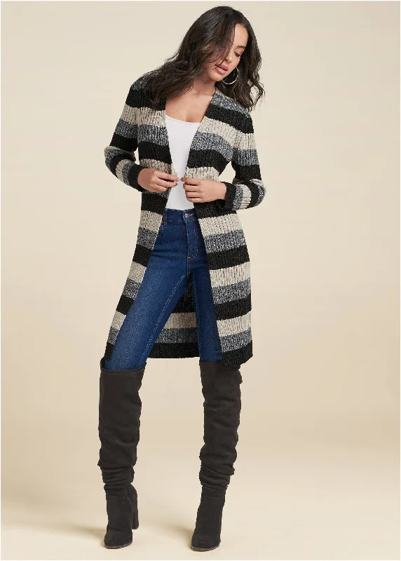 women's one-shoulder dressesStriped Ribbed Cardigan - Black Multi