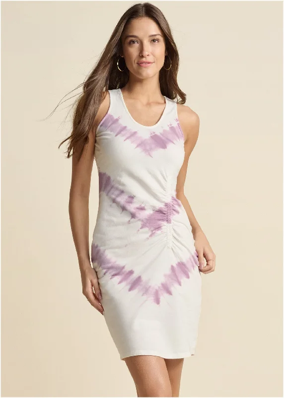 women's denim dressesTie Dye Ruched Lounge Dress - White & Purple