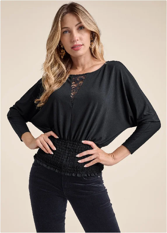 women's machine-washable dressesSmocked Waist Blouson Top - Black