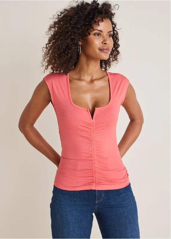 women's wrap dressesRuched Cap Sleeve Top - Coral