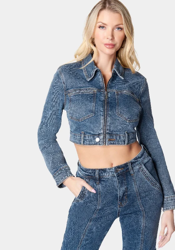 women's bow dressesZip Front Patch Pocket Denim Jacket