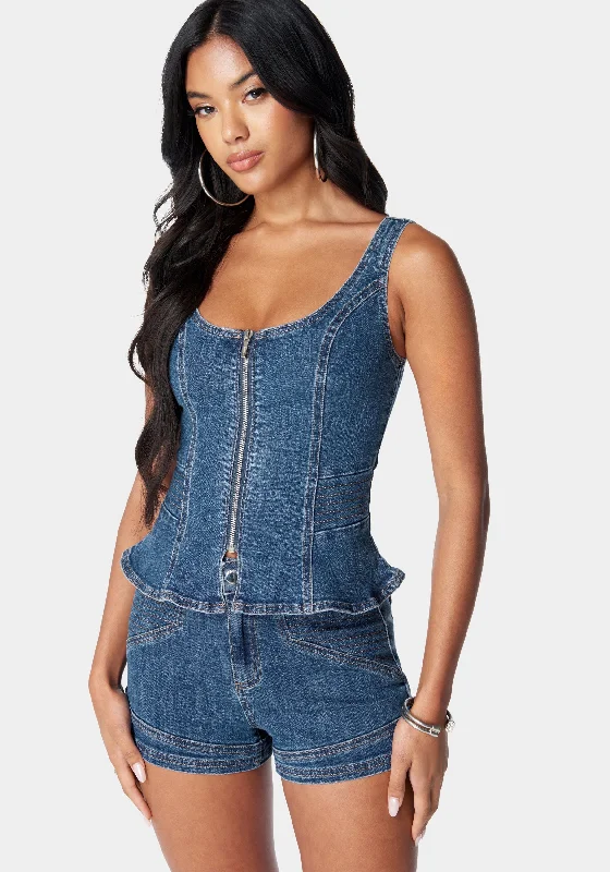 women's short-sleeved dressesZip Front Peplum Denim Top