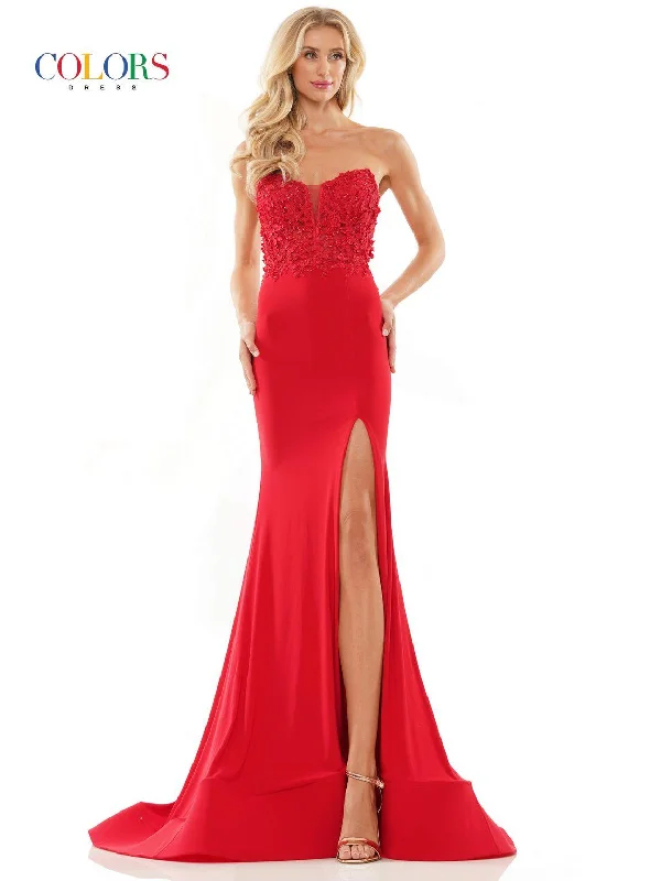 women's solid color dressesColors 2884 Long Strapless Fitted Prom Dress