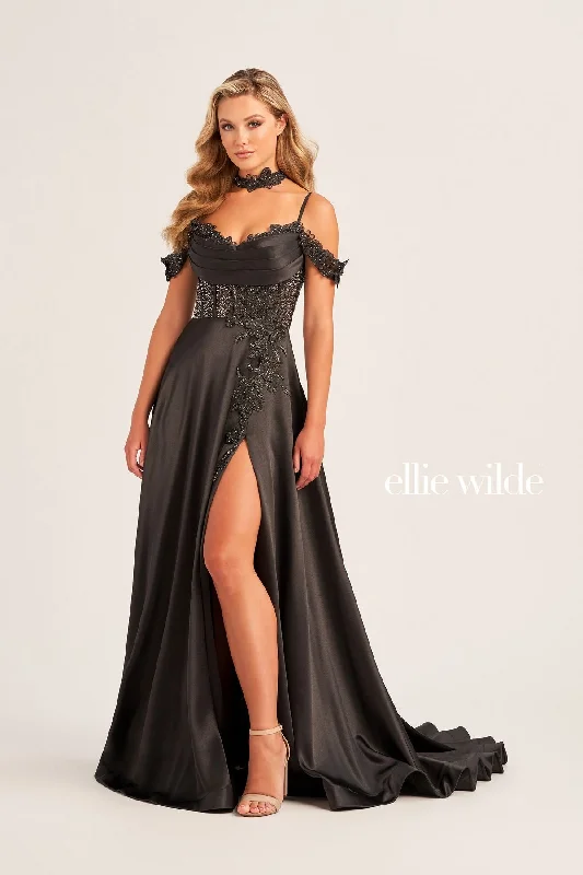 women's lace-up dressesEllie Wilde EW35029 Long Formal Beaded Applique Prom Gown